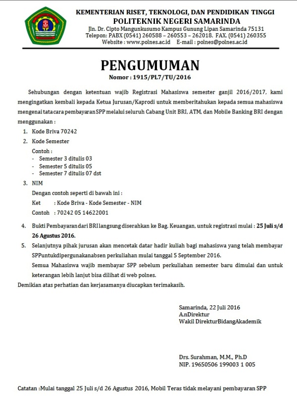 Update Juli 2016 Pengumuman Her Registrasi Tata Cara Pembayaran SPP Online POLNES Via Bank BRI  Juli 2016