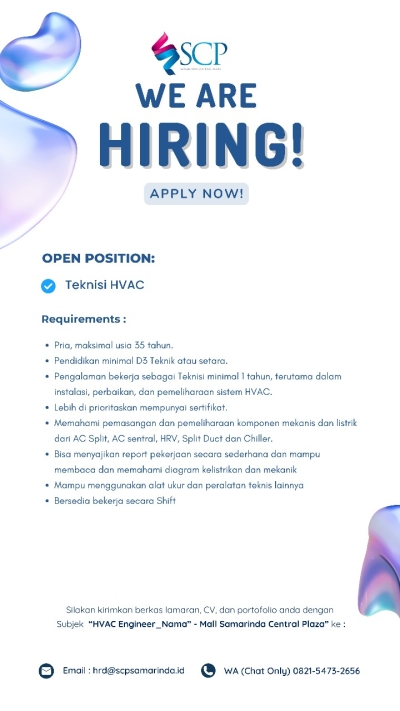 Lowongan Pekerjaan Posisi Teknisi HVAC Samarinda Central Plaza (SCP) November 2025