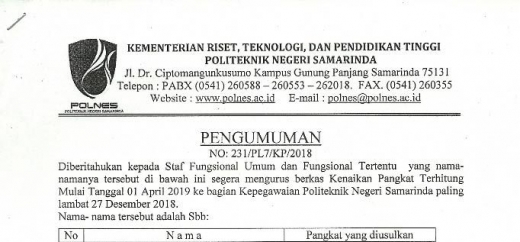 Pengumuman Daftar Nama dan persyaratan Usulan Kenaikan Pangkat 2018