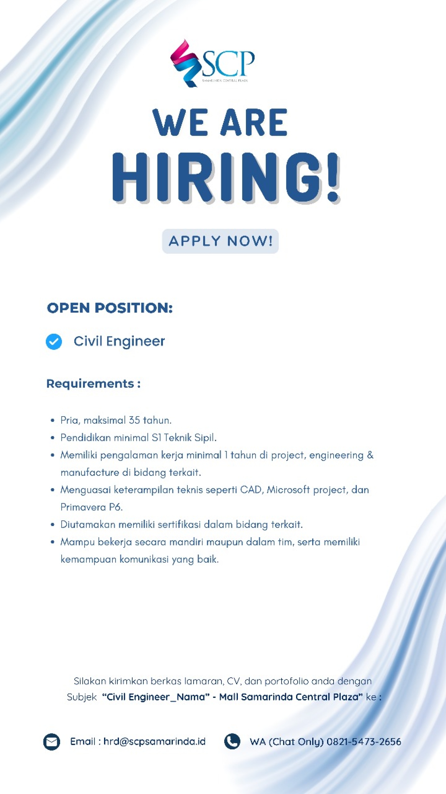 Lowongan Pekerjaan Posisi Civil Engineer Samarinda Central Plaza (SCP) November 2025