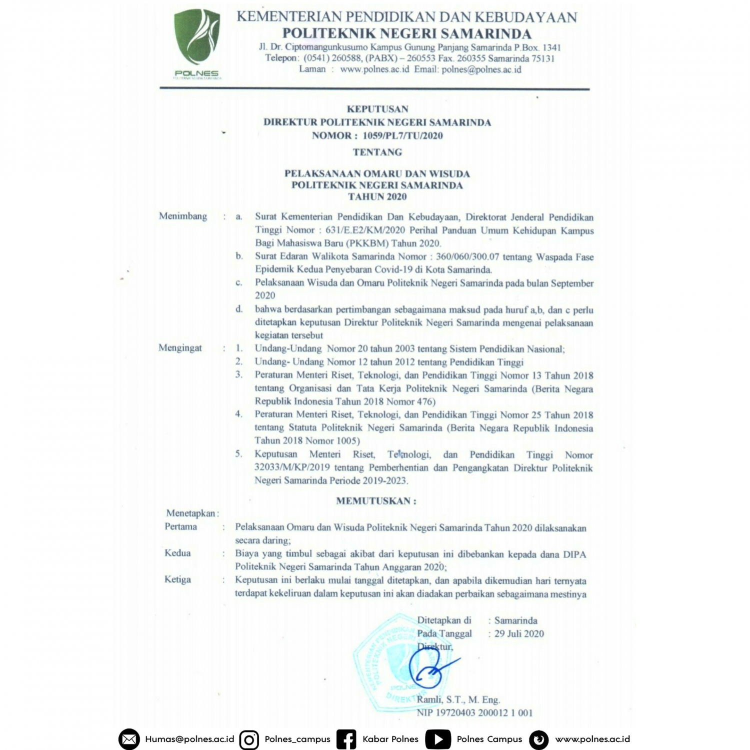 [SURAT KEPUTUSAN DIREKTUR POLITEKNIK NEGERI SAMARINDA NO.1059/PL7/TU/2020]⁣