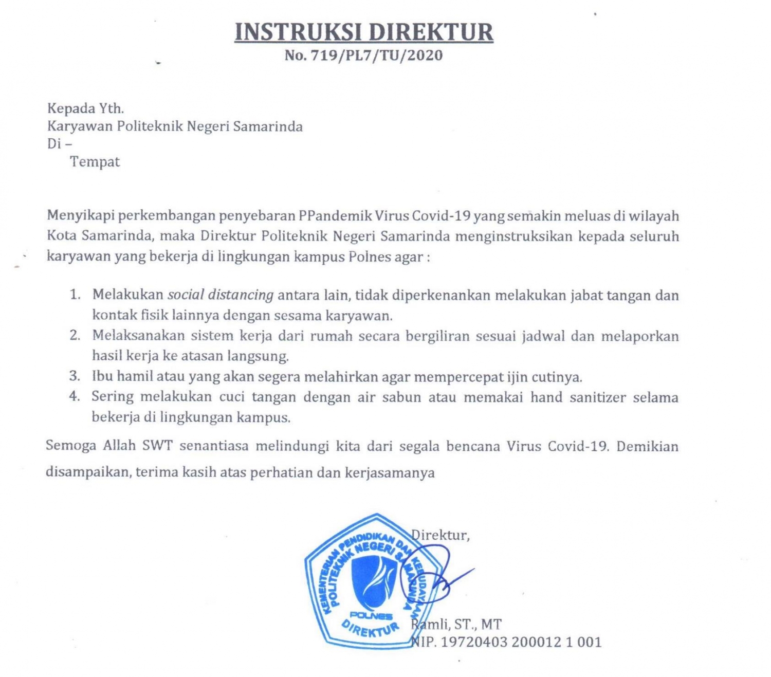 Instruksi Direktur POLNES Tentang Semakin Meluasnya Penyebaran Virus CORONA di SAMARINDA