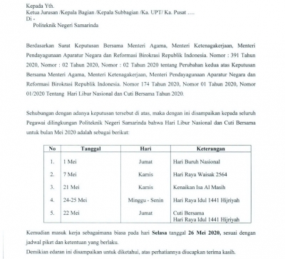 Edaran Perubahan Hari Libur Nasional dan Cuti Bersama Lebaran 1441H/2020M