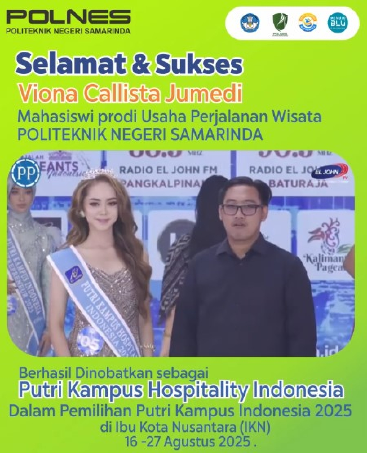 Bangga! Mahasiswi Politeknik Negeri Samarinda berhasil membawa pulang gelar Putri Kampus Hospitality Indonesia. Teruslah menginspirasi dan mengharumkan nama kampus!