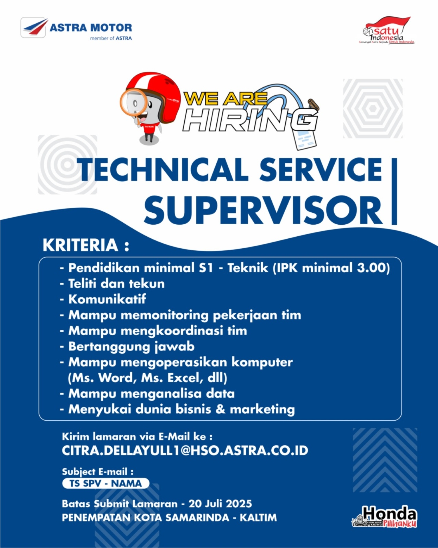 Lowongan Pekerjaan Astra Motor Technical Service Supervisor