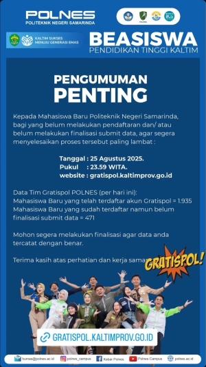 PENGUMUMAN PENTING GRATISPOL KEPADA MAHASISWA BARU POLITEKNIK NEGERI SAMARINDA!