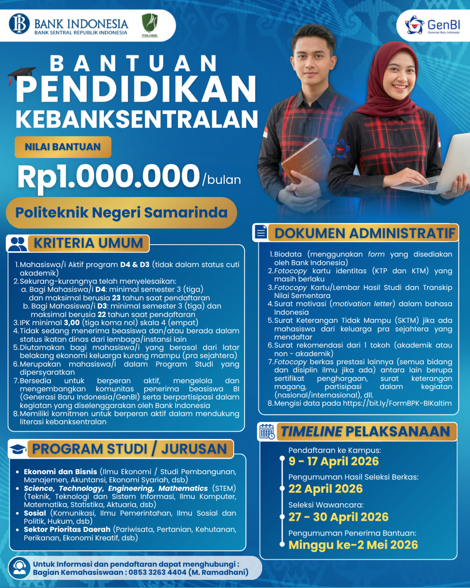 Kesempatan Bantuan Pendidikan Kebanksentralan untuk Mahasiswa Politeknik Negeri Samarinda