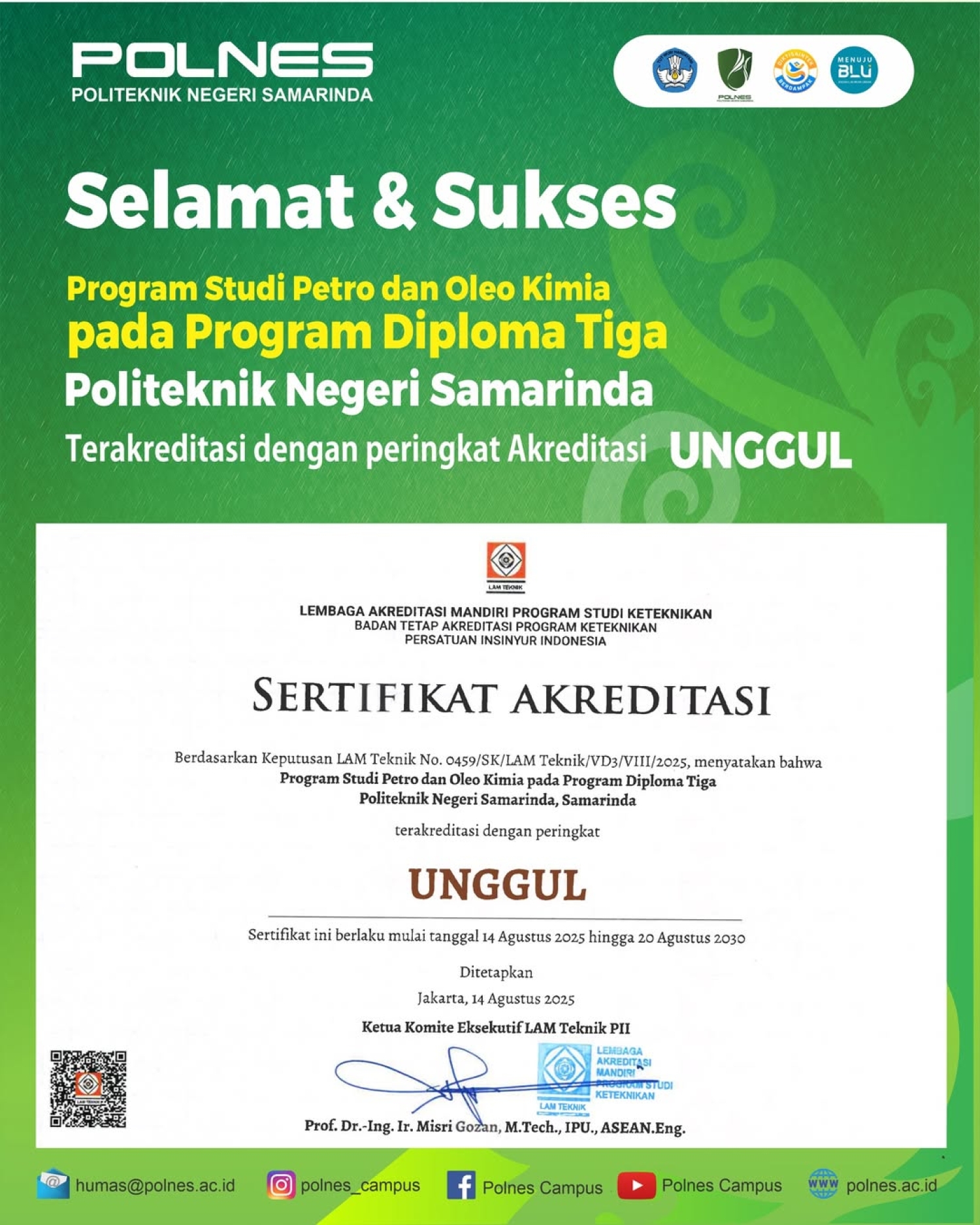 Selamat atas diraihnya Akreditasi Unggul oleh Politeknik Negeri Samarinda! Prestasi ini adalah bukti nyata komitmen Polnes dalam menghadirkan pendidikan vokasi terbaik untuk masa depan generasi muda.