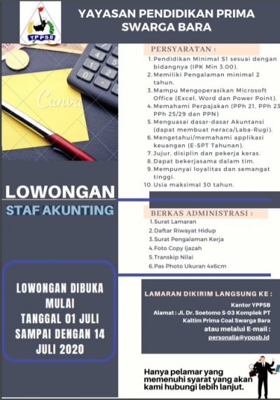 LOWONGAN STAF AKUNTING YAYASAN PENDIDIKAN PRIMA SWARGA BARA