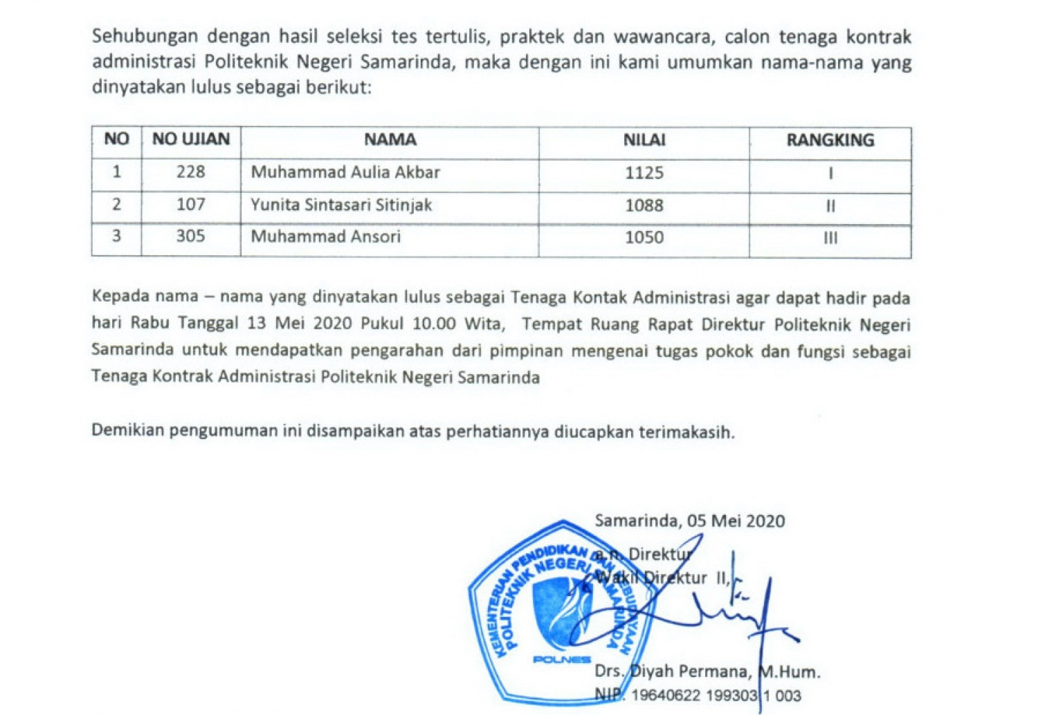 Pengumuman Hasil Seleksi Penerimaan Pegawai Kontrak di Lingkungan Kampus Politeknik Negeri Samarinda Tahun 2020