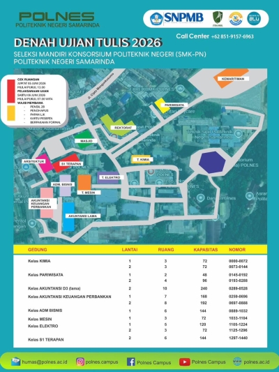 PENGUMUMAN SEBARAN DENAH RUANG UJIAN SELEKSI MANDIRI SMK-PN POLNES 2026