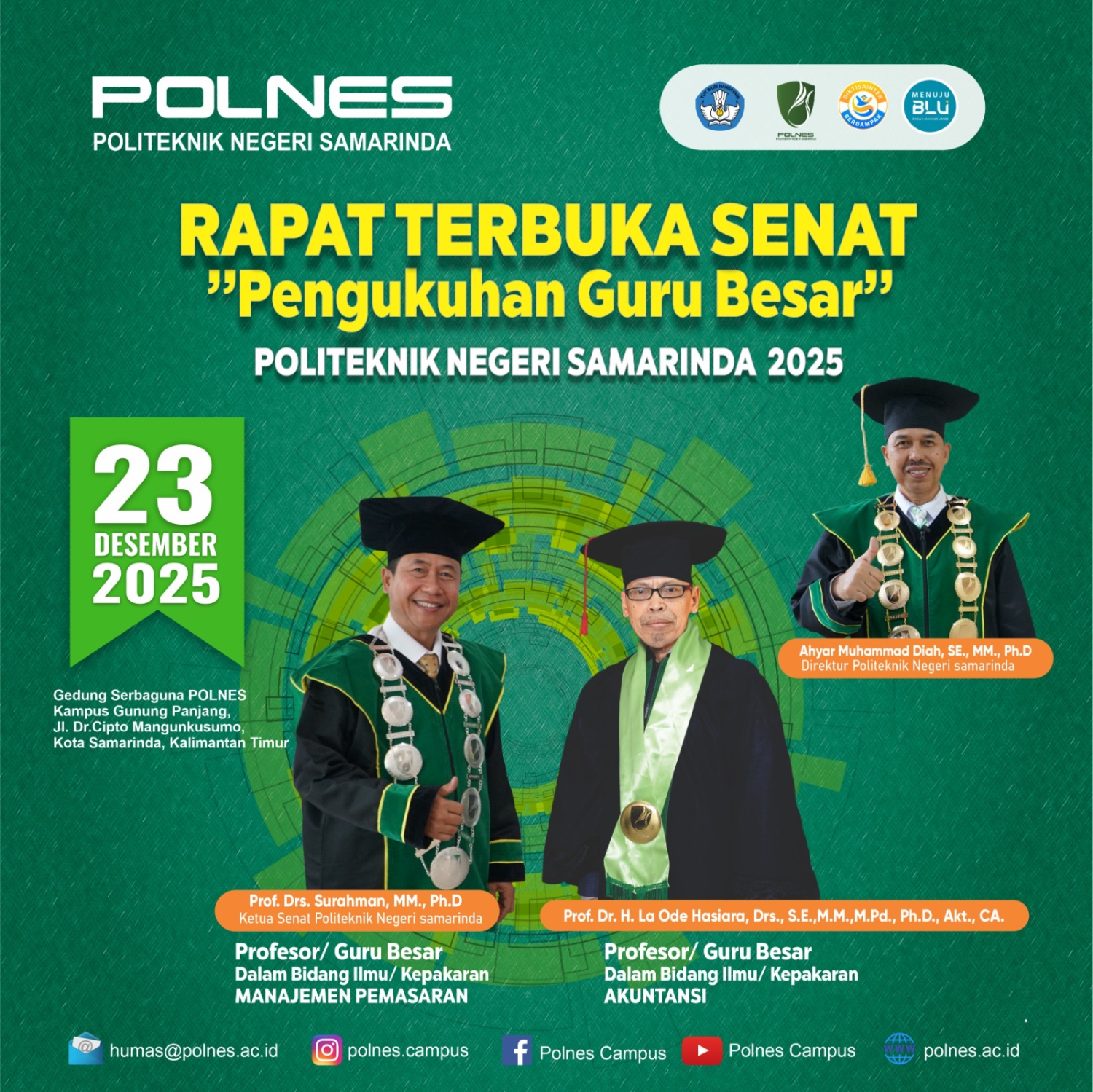 POLNES KUKUHKAN 2 GURU BESAR DI AKHIR TAHUN 2025, MENAMBAH PUNDI PROFESOR MENJADI 3 ORANG DI KAMPUS POLITEKNIK NEGERI SAMARINDA