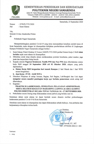 EDARAN 2578: POLNES Berlakukan Kerja 1 Masuk 1 WFH dalam Menyikapi Peningkatan Jumlah Kasus Covid-19 di Samarinda