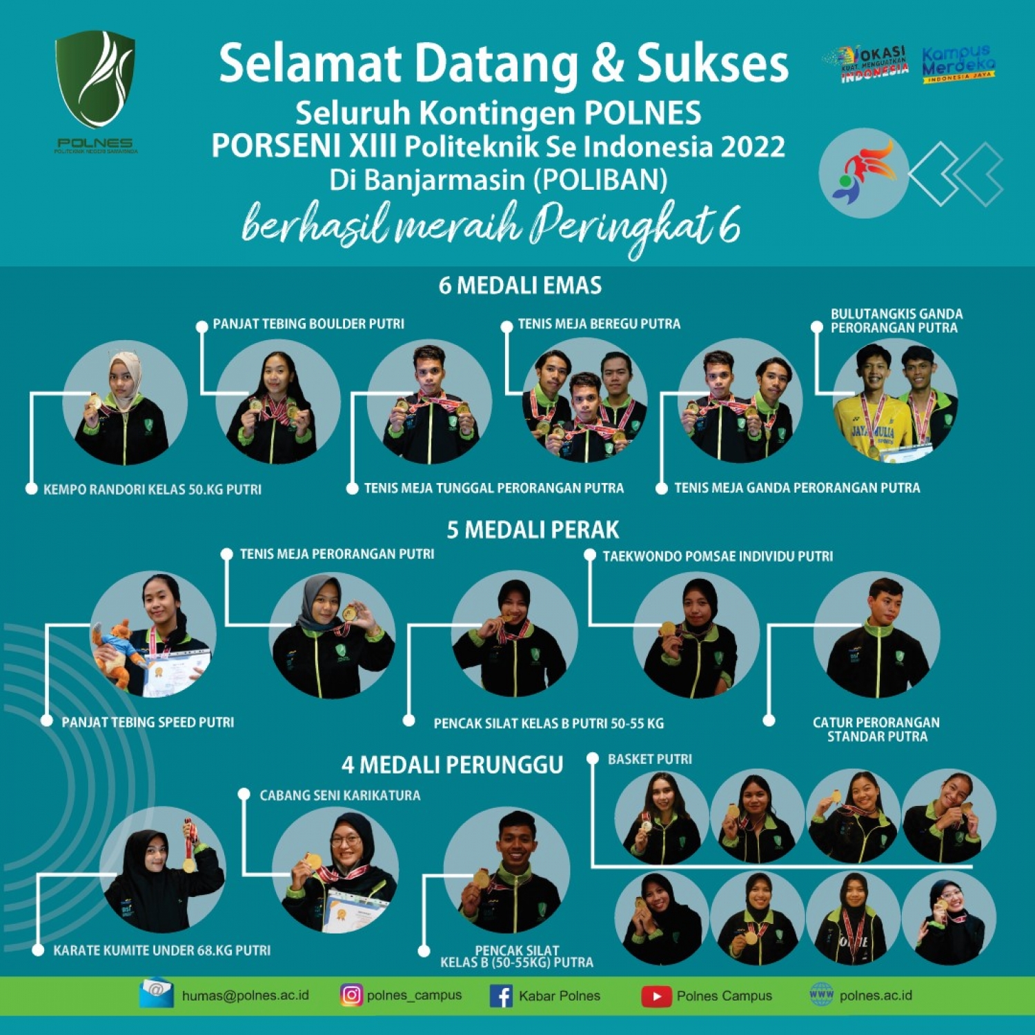 Selamat Datang dan Sukses  Kontingen POLNES, PORSENI XIII Politeknik Se Indonesia 2022 Di Banjarmasin (POLIBAN) Peraih Peringkat 6